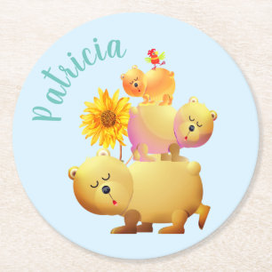Bears, Rooster & Sunflower Tower Round Paper Coaster