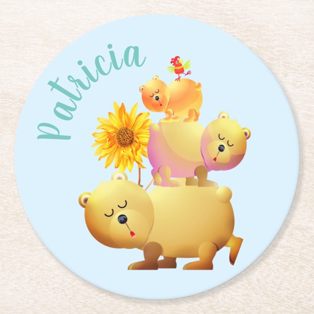 Bears, Rooster & Sunflower Tower Round Paper Coaster (Front)