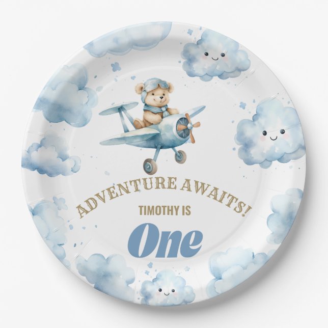 Bear's Skyward Soiree: First Birthday Paper Plate (Front)
