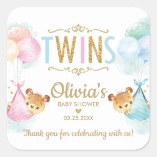 Bears Twin Boy Girl Baby Shower Thank You Favour Square Sticker