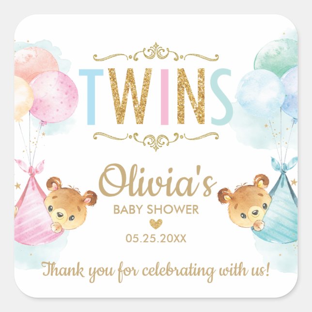 Bears Twin Boy Girl Baby Shower Thank You Favour Square Sticker (Front)