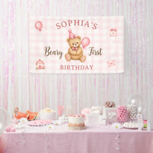 Beary 1st Birthday Bear Pink Balloon Banner