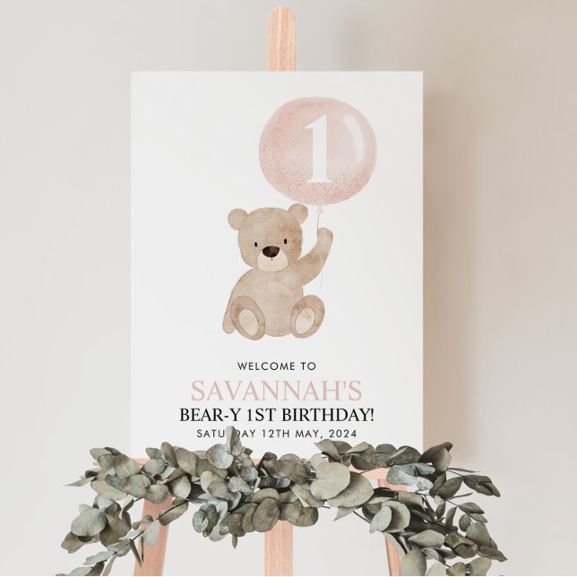 Beary 1st Birthday Bear Pink Balloon Welcome Sign (Creator Uploaded)
