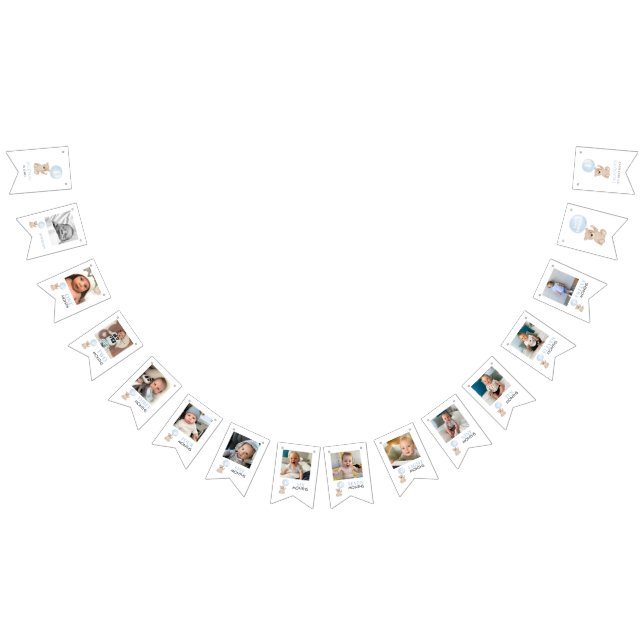 Beary 1st Birthday Blue 12 Months Milestone Photo Bunting Flags (All)