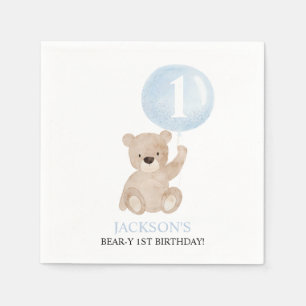 Beary 1st Birthday Boys Blue Balloon Napkin