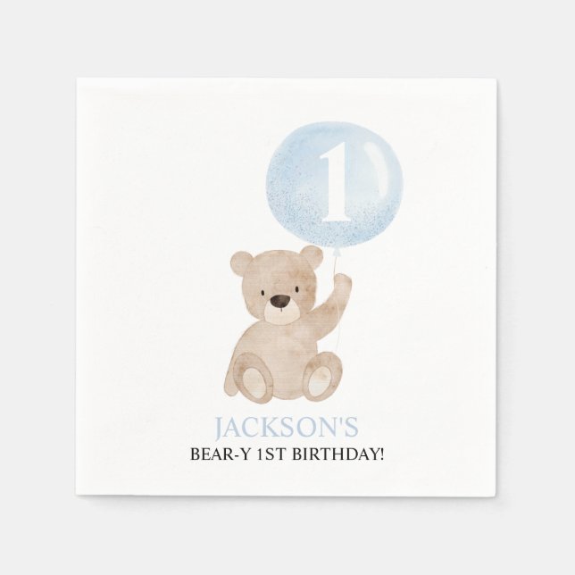 Beary 1st Birthday Boys Blue Balloon Napkin (Front)