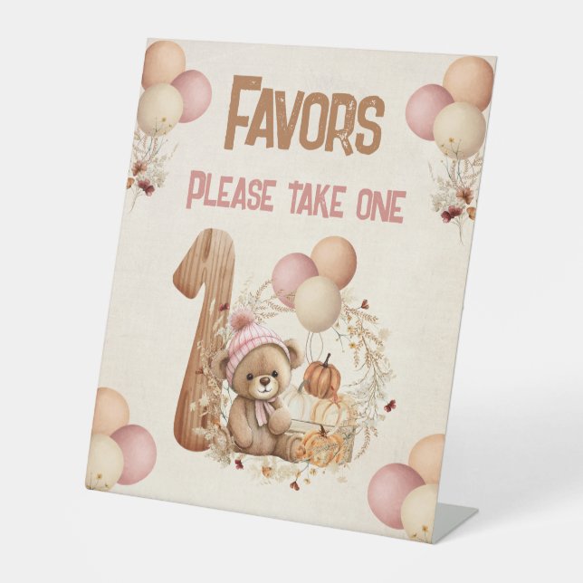 Beary 1st Birthday Girl Fall Pumpkins Teddy Bear Pedestal Sign (Front)