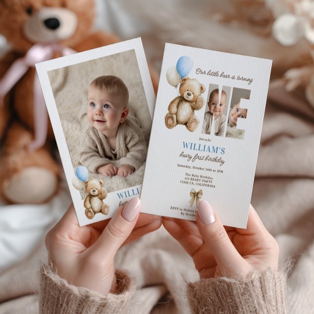 Beary 1st Birthday Teddy Bear Photo Blue Balloon Invitation (Beary 1st Birthday Teddy Bear Photo Blue Balloon Invitation)