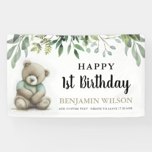 Beary 1st Birthday Watercolor Teddy Bear Leaves Banner