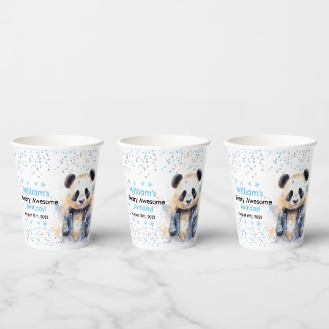 Beary Awesome Boys Watercolor Panda Birthday Paper Cups (Multi)
