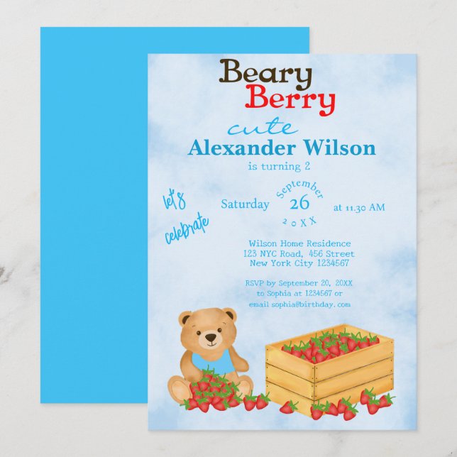 Beary Berry Cute Blue Cub's Strawberries Birthday Invitation (Front/Back)