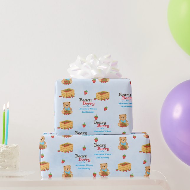 Beary Berry Cute Blue Strawberry Cub Boy Wrapping Paper (Party Gifts)