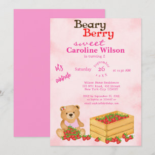 Beary Berry Sweet Pink Cub's Strawberries Birthday Invitation