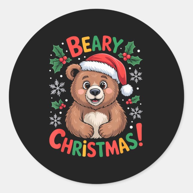 Beary Christmas Cute Bear Santa Funny Holiday  Classic Round Sticker (Front)
