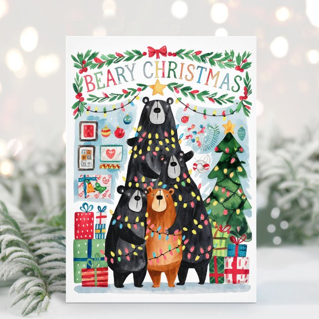 Beary Christmas Cute Bears Merry Christmas Card (Flat Beary Christmas Holiday Card - Personalize with your greeting and names.)