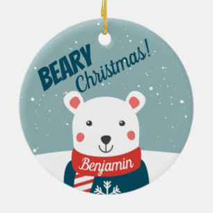 Beary Christmas with cartoon polar bear Ceramic Ornament