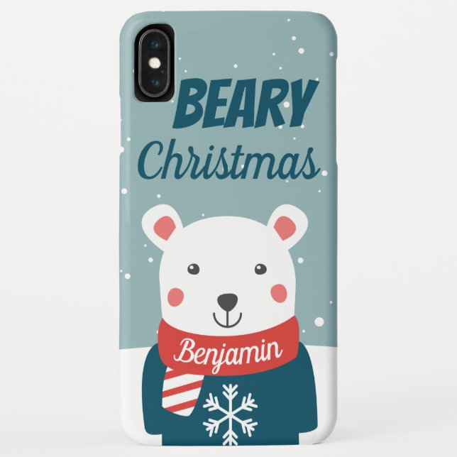 Beary Christmas with cartoon polar bear with name Case-Mate iPhone Case (Back)