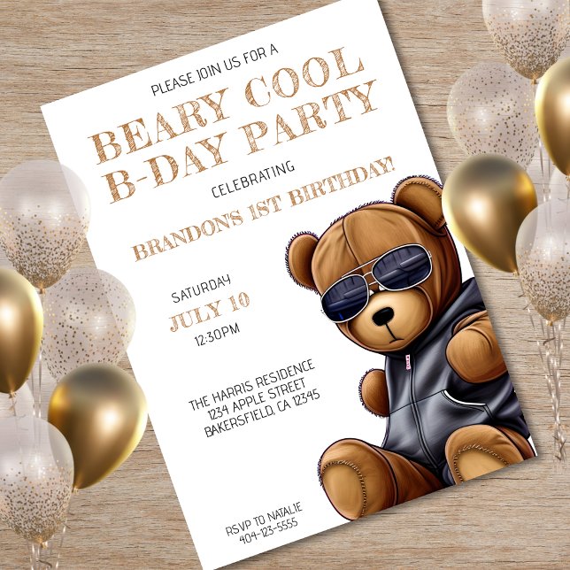 Beary Cool Teddy Bear Boy 1st Birthday Party Invitation (Beary Cool Teddy Bear Boy 1st Birthday Party Invitation)