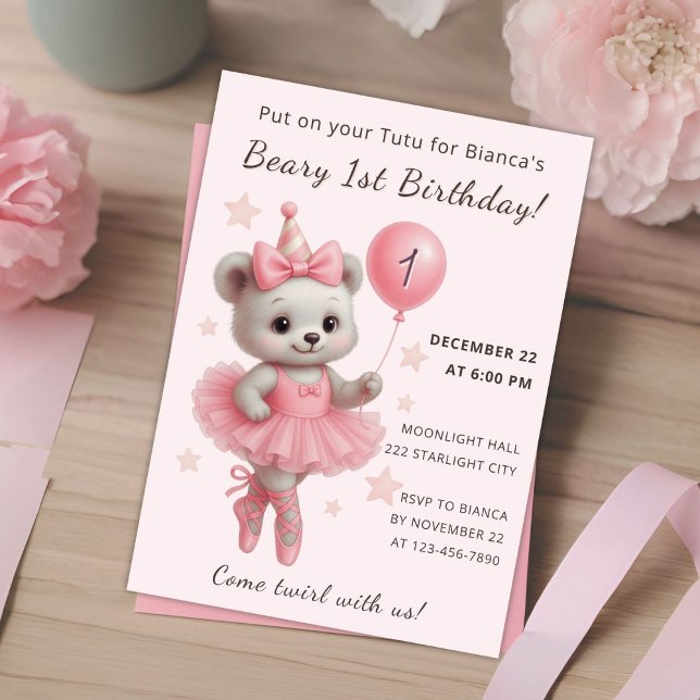 Beary Cute Ballerina Invite with Party Hat (Creator Uploaded)