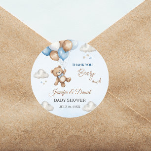 Beary Cute Blue Baby Shower Balloons Teddy Bear Classic Round Sticker