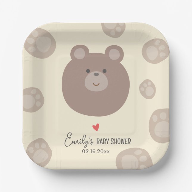 Beary Cute Brown Teddy Bear Cub Boy Baby Shower Paper Plate (Front)