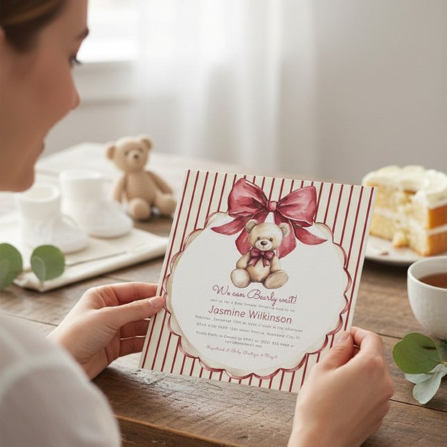 Beary Cute Teddy Bear Bow Baby Shower Invitation (Creator Uploaded)