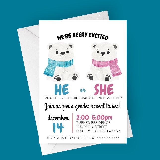Beary Excited Gender Reveal Invitation (Beary Excited Winter Polar Bears Gender Reveal Party Invitation)