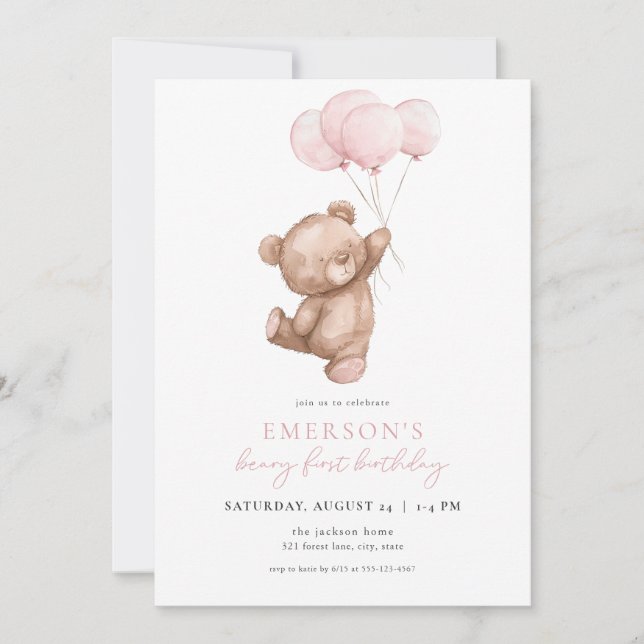 Béary fille rose première invitation anniversaire (Devant)