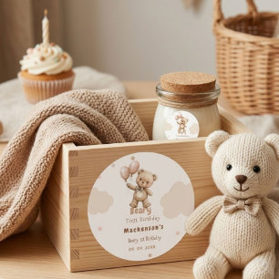 Beary First Balloon Boy 1st Birthday Teddy Bear Classic Round Sticker