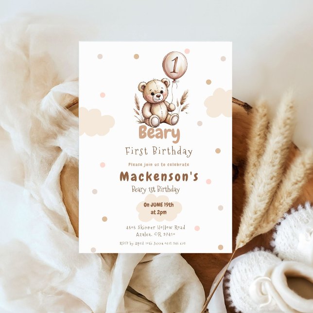 Beary First Balloon Boy 1st Birthday Teddy Bear Invitation (Creator Uploaded)