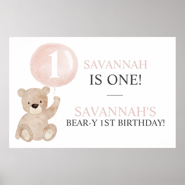 Beary First Birthday Bear Banner Backdrop Poster (Front)