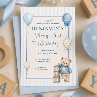 Beary First Birthday Blue Baby Boy 1st Birthday  Invitation