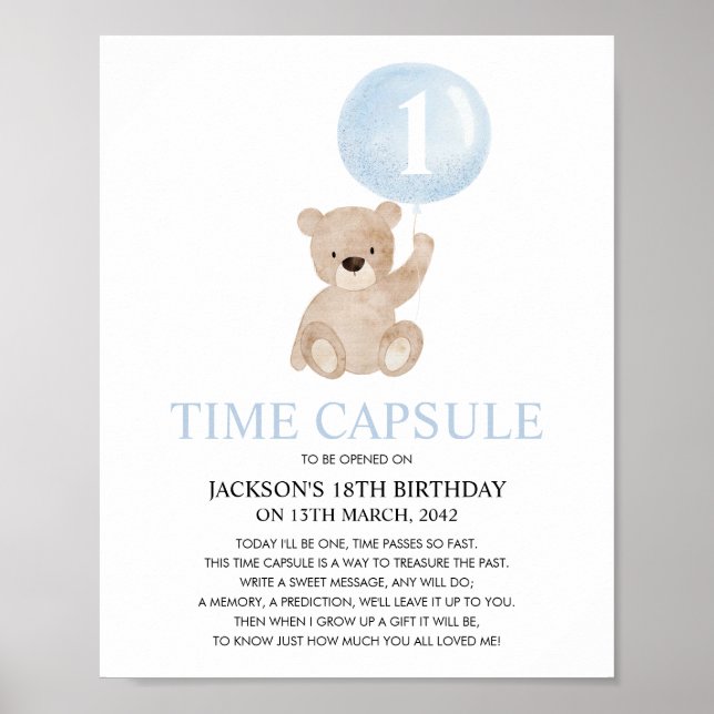Beary First Birthday Blue Bear Time Capsule Poster (Front)