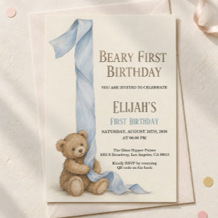 Beary First Birthday Blue Ribbon Teddy Bear Invitation