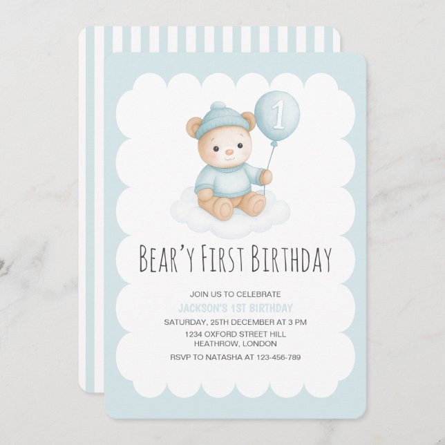 Beary First Birthday Blue Teddy Bear  Invitation (Front/Back)