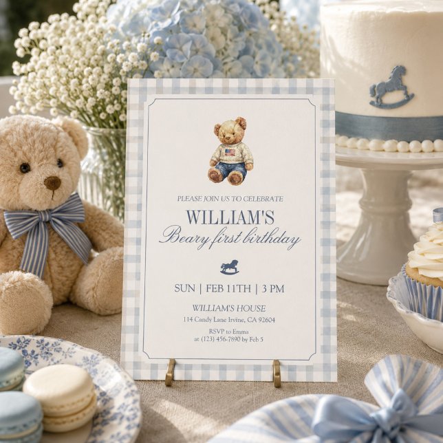 Beary First Birthday Boy Teddy Bear Gingham Invitation (Creator Uploaded)