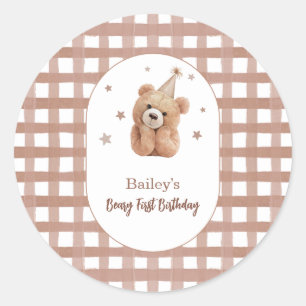 Beary First Birthday Gingham Classic Round Sticker
