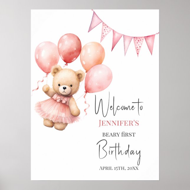 Beary First Birthday Poster Pink Balloon  (Front)