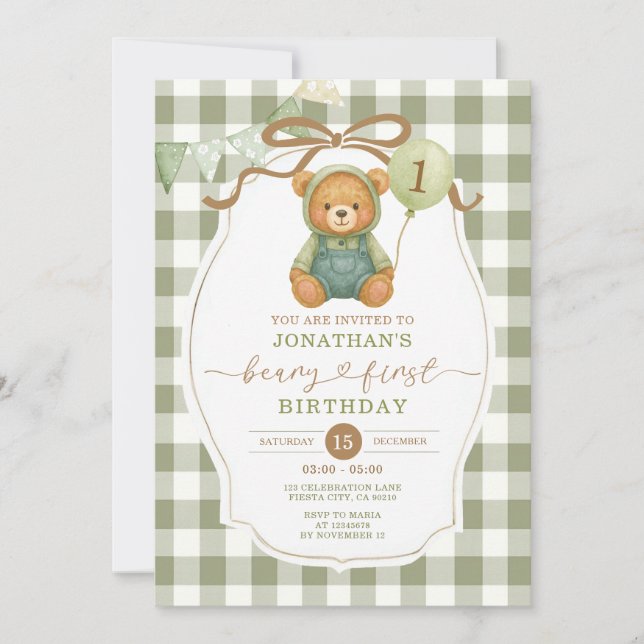 Beary First Birthday Pumpkin Sage Green Gingham Invitation (Front)