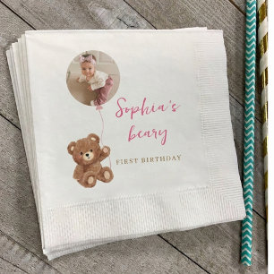 Beary First Birthday Teddy Bear  Photo Party  Napkin
