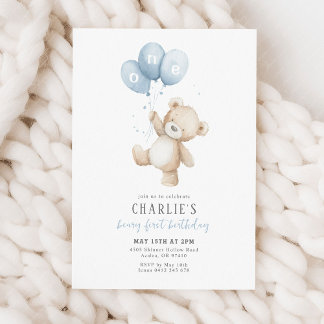 Beary First Blue Balloon Boy 1st Birthday Teddy Invitation