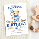 Beary first boys birthday cute teddy blue balloon invitation<br><div class="desc">Beary first boys birthday party editable  template invitation instant digital download,  watercolor cute teddy bear dressed up in pant and a bow tie holding a blue balloon party Invitation blue brown and white.</div>