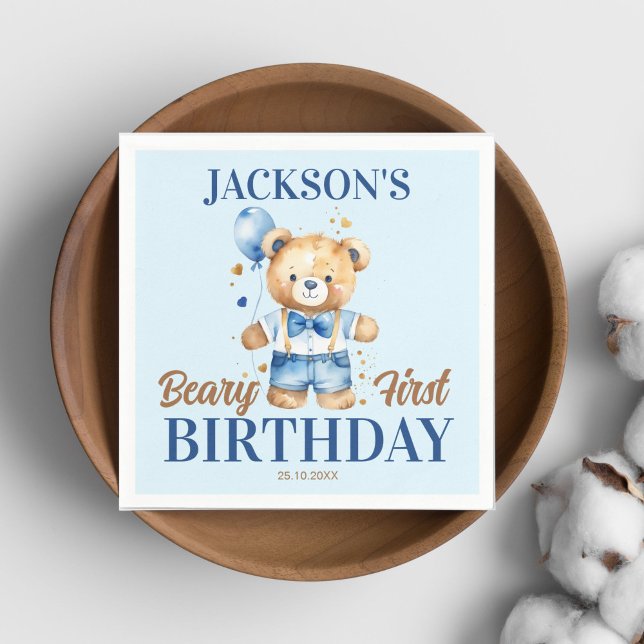 Beary first boys birthday cute teddy blue balloon napkin (Beary first birthday teddy bear party tableware personalized napkins cute teddy with denim shorts )