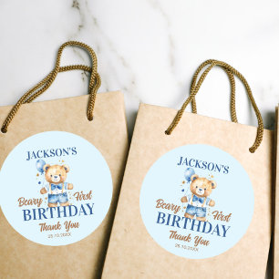 Beary first boys birthday cute teddy favor classic round sticker