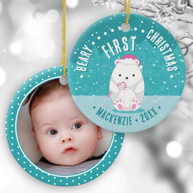 Beary First Christmas Cute Polar Bear Baby Photo Ceramic Ornament (Creator Uploaded)