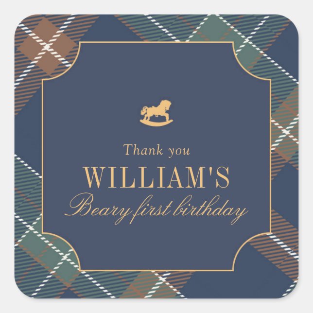 Beary First Navy Plaid Square  Square Sticker (Front)