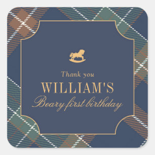Beary First Navy Plaid Square  Sticker