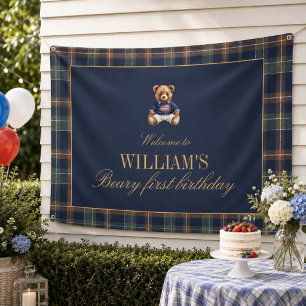Beary First Navy Plaid Teddy Bear Birthday Banner