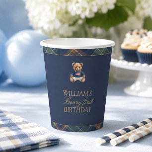 Beary First Navy Plaid Teddy Bear Birthday Paper Cups