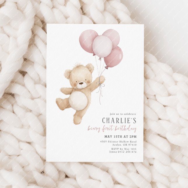 Beary First Pink Balloon Girls 1st Birthday Teddy Invitation (Beary First Birthday! Pink balloons and cute teddy bear design. Girls 1st birthday invite.)